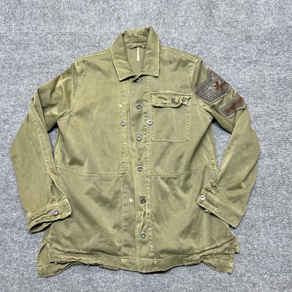 Free People Jacket Womens Small Green Military Cotton Twill Beaded Patch